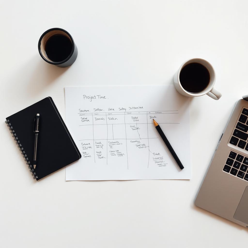 Overzicht van een bureau met projectplanning, notitieboek en laptop