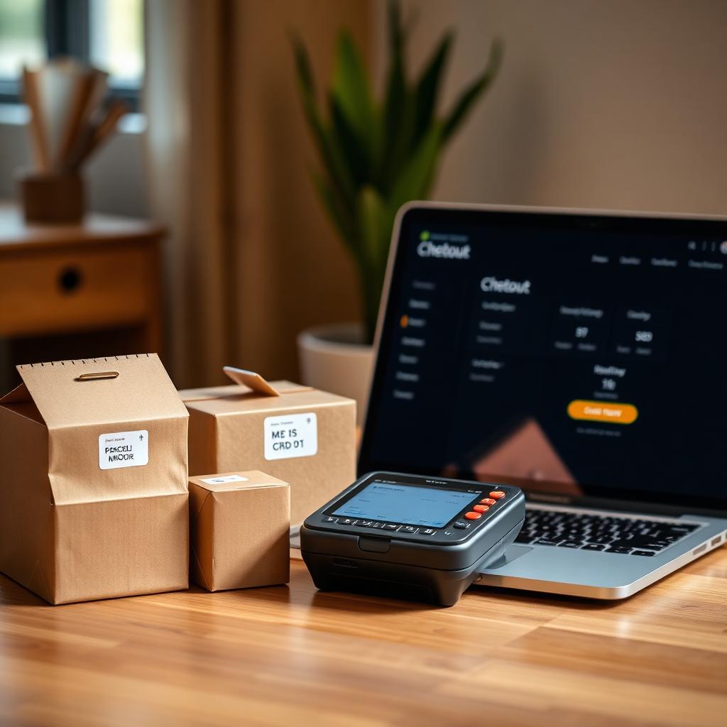 Verzendpakketten en een pinautomaat naast een laptop met een checkout-pagina
