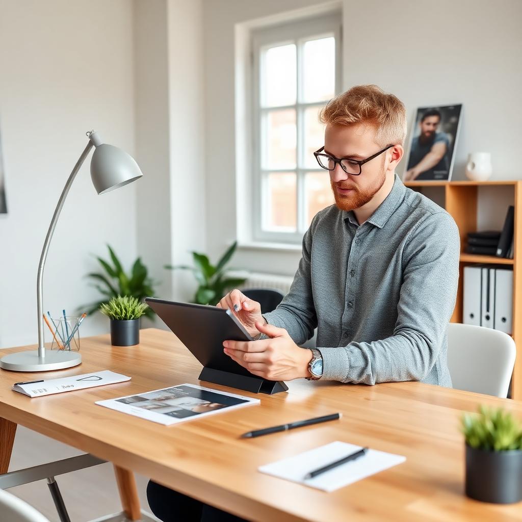 Nederlandse ondernemer beoordeelt websiteontwerpen op een tablet aan een licht bureau