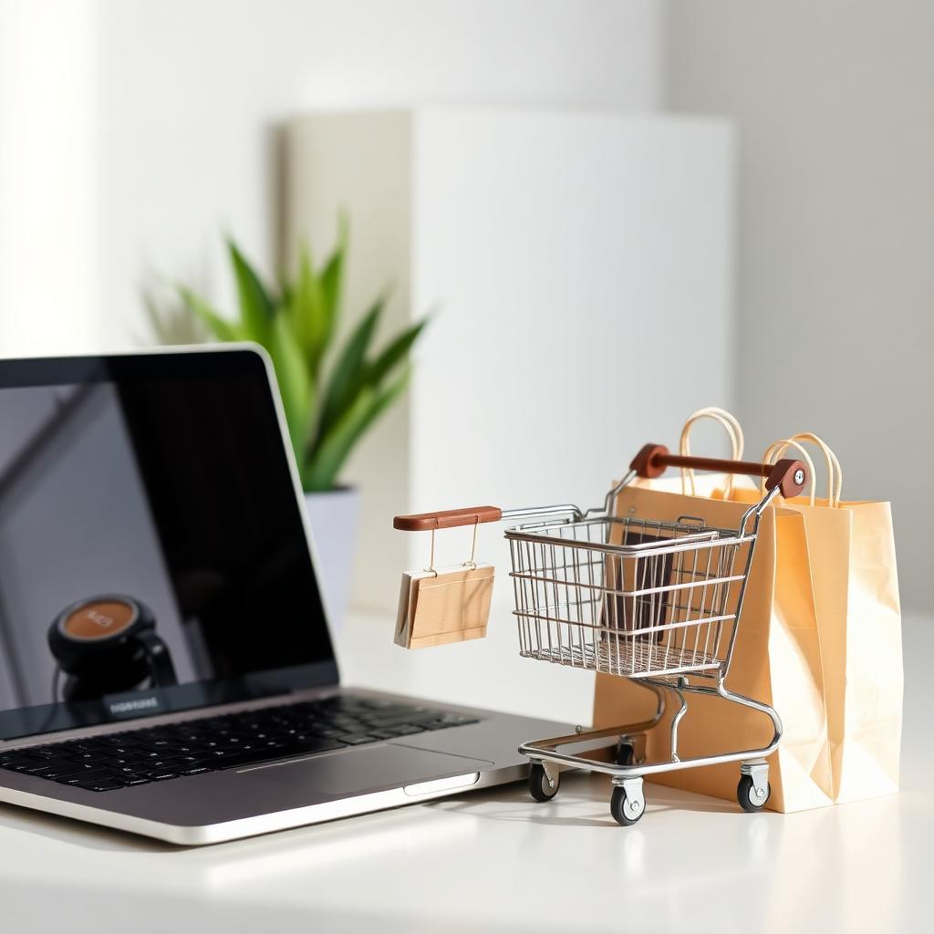 Laptop met webshop-interface, mini winkelwagen en papieren tasjes
